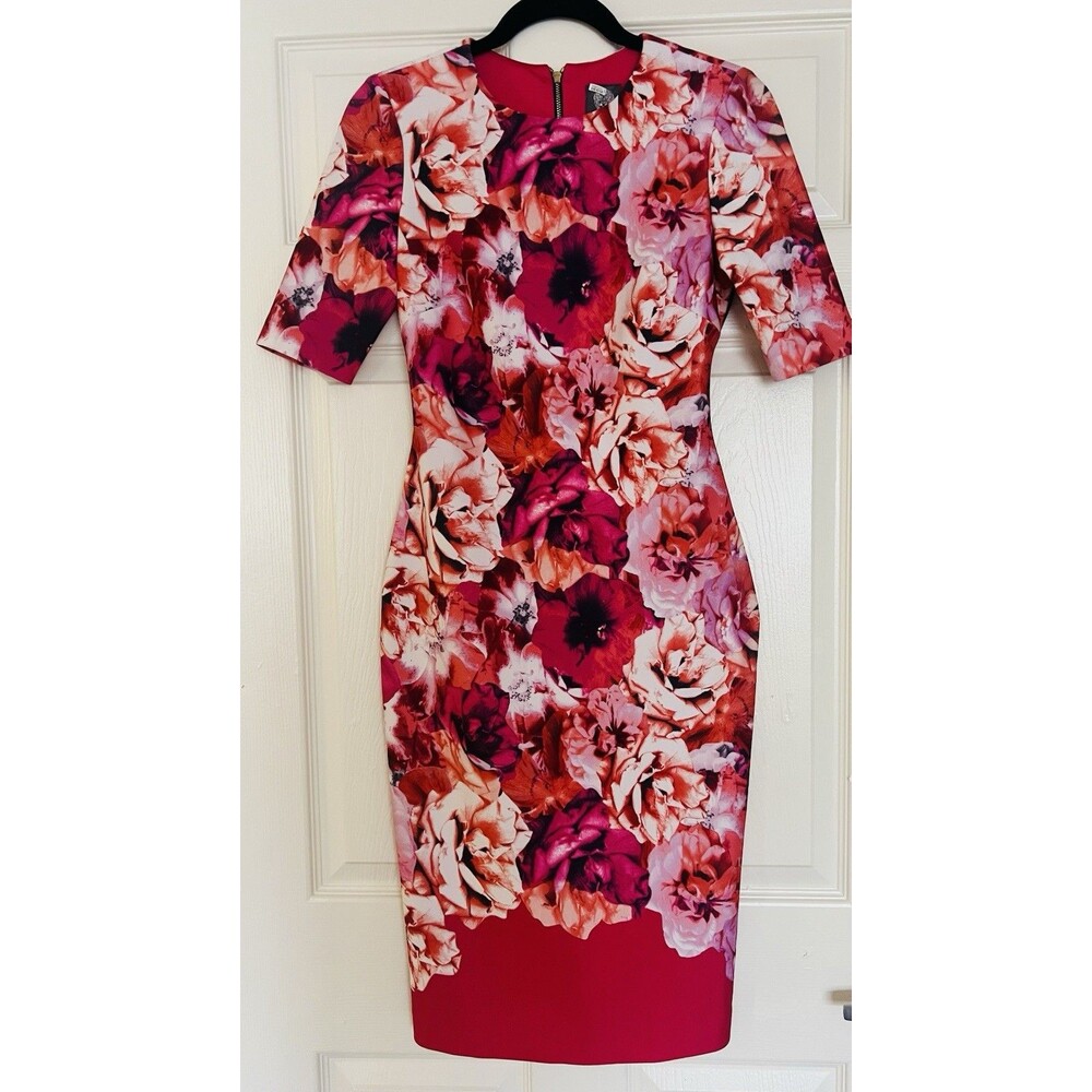 Vince Camuto Floral Scuba Sheath Dress Sz 2 Rose Garden Party Resort Wear EUC